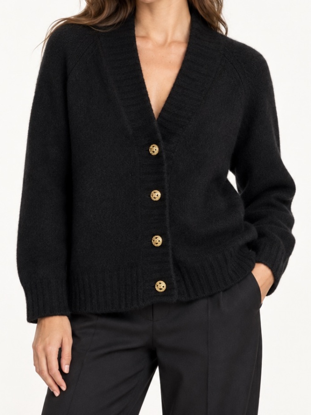 Tuckernuck Rachel Black 100% Cashmere Gold Button Cardigan Sweater XL